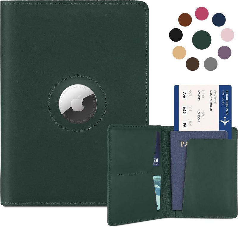 Kicoroiny Airtag Passport Holder for Men Women Travel, Real Leather Passport Wallet, Handmade Passport Cover Case with Airtag Slot, Travel Must Haves Essentials Accessories Birthday Gifts (Crazy Horse, Green) - Image 1